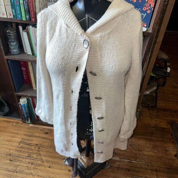 PRana cozy cream button down hooded L sweater coat - Picture 1 of 5